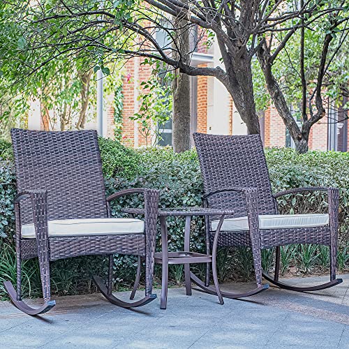 3 Piece Wicker Patio Furniture Sets, Outdoor Wicker Rocking Chairs Patio Bistro Set, Rattan Chairs Patio Furniture Set for Porch Lawn Poolside Backyard with Glass Coffee Table, Brown and Beige