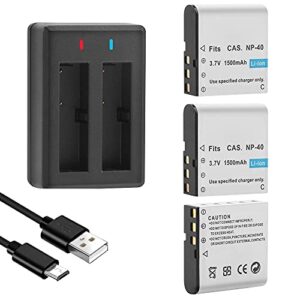 geekam np-40 battery pack, 1500mah rechargeable battery(3-pack) with usb dual charger for video camera camcorders