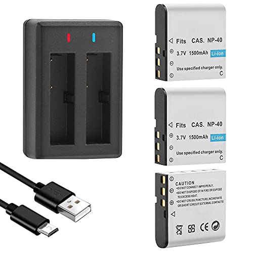 GEEKAM NP-40 Battery Pack, 1500mAh Rechargeable Battery(3-Pack) with USB Dual Charger for Video Camera Camcorders