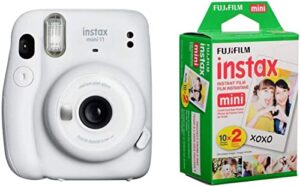 fujifilm instax mini 11 instant film camera, ice white – with fujifilm instax mini instant daylight film twin pack, 20 exposures
