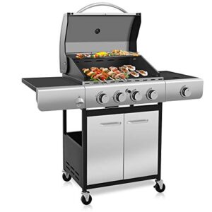 antarctic star natural propane gas grill,4 burner cart style liquid bbq grill with side burner & 4 wheels,42000 btu stainless steel enamelled cooking grills,for outdoor,patio,garden