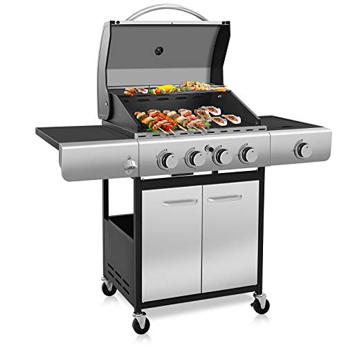 Antarctic Star natural Propane Gas Grill,4 Burner Cart Style Liquid BBQ Grill with Side Burner & 4 Wheels,42000 BTU Stainless Steel Enamelled Cooking Grills,For Outdoor,Patio,Garden