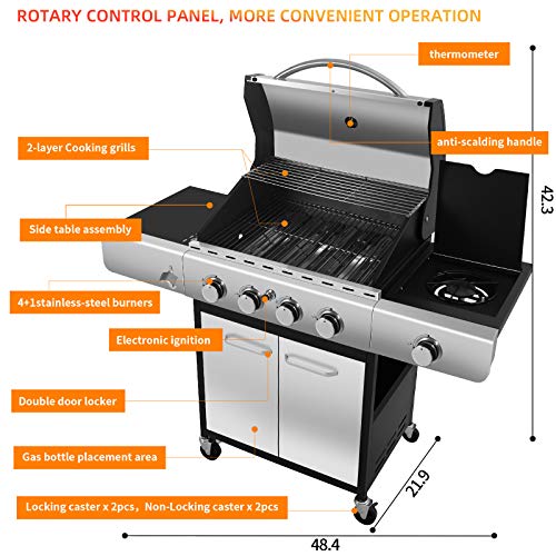 Antarctic Star natural Propane Gas Grill,4 Burner Cart Style Liquid BBQ Grill with Side Burner & 4 Wheels,42000 BTU Stainless Steel Enamelled Cooking Grills,For Outdoor,Patio,Garden