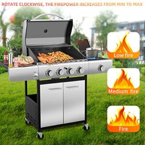 Antarctic Star natural Propane Gas Grill,4 Burner Cart Style Liquid BBQ Grill with Side Burner & 4 Wheels,42000 BTU Stainless Steel Enamelled Cooking Grills,For Outdoor,Patio,Garden