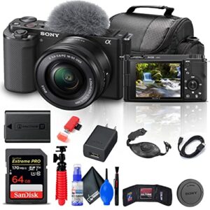 sony zv-e10 mirrorless camera with 16-50mm lens (black) (ilczv-e10l/b) + 64gb memory card + bag + card reader + hdmi cable + flex tripod + hand strap + memory wallet + cleaning kit (renewed)