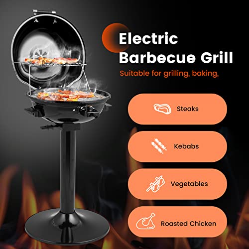 ORALNER Electric BBQ Grill with Stand, Warming Rack & Drip Tray, 15-Serving Electric Griddle Indoor & Outdoor Cooking Grilling Portable Patio Grill, for Balcony, Garden, Apartment, 1600W (Black)