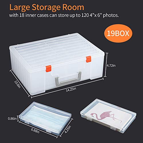 Photo Storage Box 4x6, 18 Inner Extra Large Photo Case Large Photo Organizer Acid-Free Photo Box Storage Photo Keeper Photo Storage Case, Plastic Craft Storage Box for Photo Stickers Stamps Seeds (Clear, 18 Boxes)