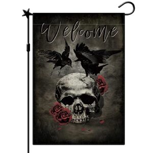 cmegke skull with crow garden flag welcome skeleton garden flag skull garden flag halloween flags double sided burlap holiday halloween rustic farm home outdoor yard decor 12.5 x 18 in