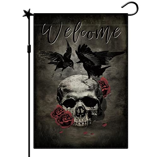 CMEGKE Skull With Crow Garden Flag Welcome Skeleton Garden Flag Skull Garden Flag Halloween Flags Double Sided Burlap Holiday Halloween Rustic Farm Home Outdoor Yard Decor 12.5 x 18 In