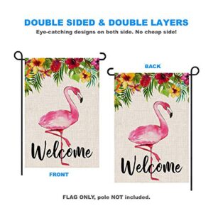 Flamingo Welcome Garden Flag Tropical Pink Flamingo Lawn Yard Outside Outdoor Flag (12x18, Double Sided)