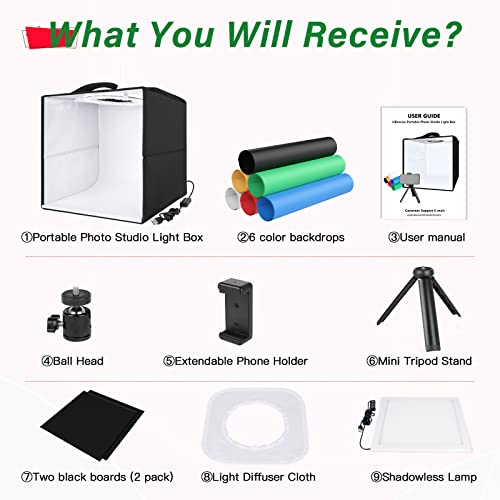 Portable Photo Studio Light Box, 12” × 12” Mini Photo Lightbox & Small Tripod Kit for Product Photography with 96 LED Lights and 6 Colored Backdrops