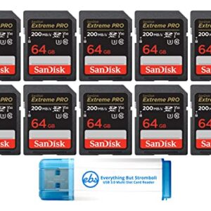 SanDisk 64GB SDXC Extreme Pro Memory Card (10 Pack) 4K V30 UHS-I Speed Class 10 (SDSDXXU-064G-GN4IN) Bundle with (1) Everything But Stromboli 3.0 SD/TF Card Reader