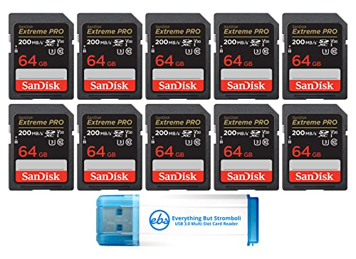 SanDisk 64GB SDXC Extreme Pro Memory Card (10 Pack) 4K V30 UHS-I Speed Class 10 (SDSDXXU-064G-GN4IN) Bundle with (1) Everything But Stromboli 3.0 SD/TF Card Reader