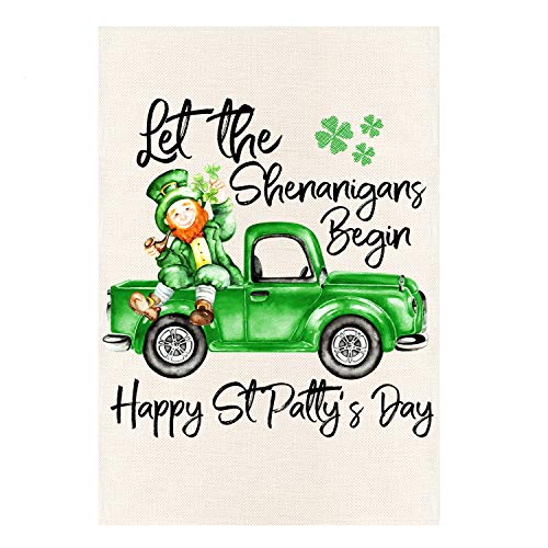 MONORD Let The Shenanigans Begin Double Sided Garden Flag Happy St Patrick's Day Leprechaun Truck Yard Flag 12 x 18 Inch.