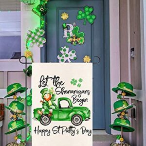 MONORD Let The Shenanigans Begin Double Sided Garden Flag Happy St Patrick's Day Leprechaun Truck Yard Flag 12 x 18 Inch.