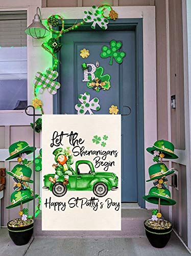 MONORD Let The Shenanigans Begin Double Sided Garden Flag Happy St Patrick's Day Leprechaun Truck Yard Flag 12 x 18 Inch.