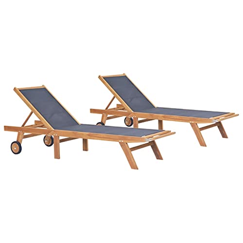 imasay Folding Sun Loungers with Wheels 2 pcs Solid Teak and Textilene for Outdoor,Outside,Patio,Garden,Beach,Lawn,Sunbathing,Tanning,Pool,Adjustable Reclining Lounge Chairs