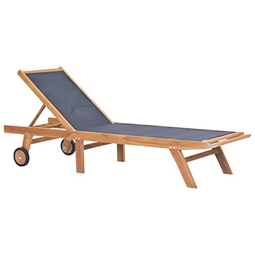 imasay Folding Sun Loungers with Wheels 2 pcs Solid Teak and Textilene for Outdoor,Outside,Patio,Garden,Beach,Lawn,Sunbathing,Tanning,Pool,Adjustable Reclining Lounge Chairs