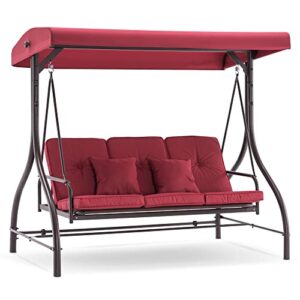 mcombo 3-seat outdoor patio swing chair, adjustable backrest and canopy, porch swing glider chair, w/cushions and pillows, 4068 (burgundy)
