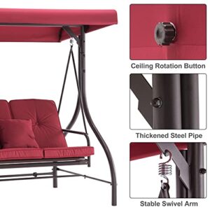 MCombo 3-Seat Outdoor Patio Swing Chair, Adjustable Backrest and Canopy, Porch Swing Glider Chair, w/Cushions and Pillows, 4068 (Burgundy)