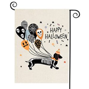 Happy Halloween Skeleton Dachshund Dog Garden Flag Double-Sided Skeleton Dachshund Dog with Skull Spooky Face Balloons Yard Flag for Halloween Holidays Outdoor Yard Decorations 12x18 inch (halloween Skeleton dachshund dog)