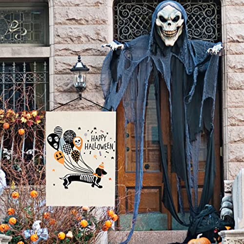 Happy Halloween Skeleton Dachshund Dog Garden Flag Double-Sided Skeleton Dachshund Dog with Skull Spooky Face Balloons Yard Flag for Halloween Holidays Outdoor Yard Decorations 12x18 inch (halloween Skeleton dachshund dog)