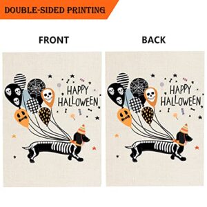 Happy Halloween Skeleton Dachshund Dog Garden Flag Double-Sided Skeleton Dachshund Dog with Skull Spooky Face Balloons Yard Flag for Halloween Holidays Outdoor Yard Decorations 12x18 inch (halloween Skeleton dachshund dog)