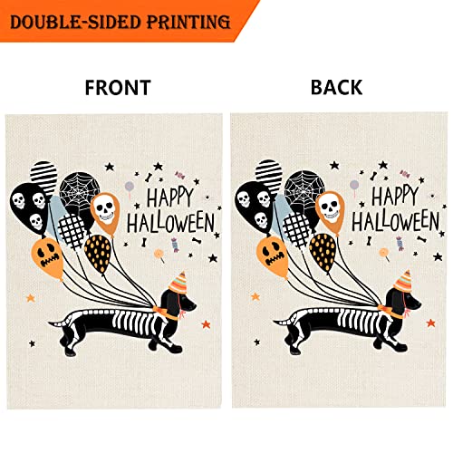 Happy Halloween Skeleton Dachshund Dog Garden Flag Double-Sided Skeleton Dachshund Dog with Skull Spooky Face Balloons Yard Flag for Halloween Holidays Outdoor Yard Decorations 12x18 inch (halloween Skeleton dachshund dog)