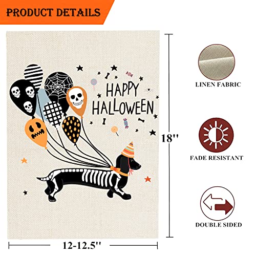 Happy Halloween Skeleton Dachshund Dog Garden Flag Double-Sided Skeleton Dachshund Dog with Skull Spooky Face Balloons Yard Flag for Halloween Holidays Outdoor Yard Decorations 12x18 inch (halloween Skeleton dachshund dog)