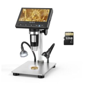 coin microscope 1000x – 4.3 inch lcd digital microscope with 32gb card, opqpq usb coin microscope for error coins with 12mp camera, led fill lights, metal stand, pc view, windows compatible