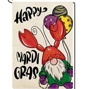 Baccessor Happy Mardi Gras Garden Flag 12x18 Inch Vertical Double Sided, Mardi Gras Gnome Boil Crawfish Fleur de Lis Small Yard Flag Holiday Carnival Celebration Party Yard Outdoor Decoration