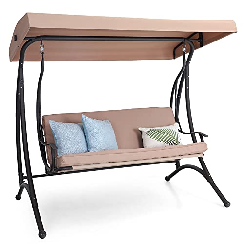 PHI VILLA 3-Seat Porch Swing with Canopy,Outdoor Swing with Removable Cushion,Patio Swing Chair/Bench for Porch, Garden, Poolside, Balcony, Backyard,Alloy Steel Frame,Brown