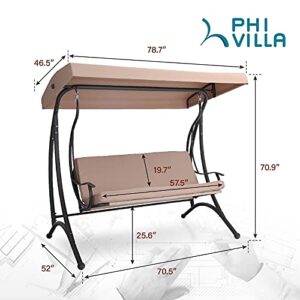 PHI VILLA 3-Seat Porch Swing with Canopy,Outdoor Swing with Removable Cushion,Patio Swing Chair/Bench for Porch, Garden, Poolside, Balcony, Backyard,Alloy Steel Frame,Brown