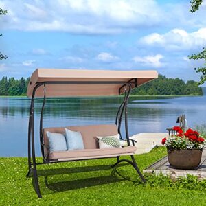 PHI VILLA 3-Seat Porch Swing with Canopy,Outdoor Swing with Removable Cushion,Patio Swing Chair/Bench for Porch, Garden, Poolside, Balcony, Backyard,Alloy Steel Frame,Brown