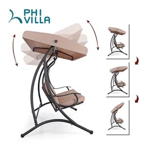 PHI VILLA 3-Seat Porch Swing with Canopy,Outdoor Swing with Removable Cushion,Patio Swing Chair/Bench for Porch, Garden, Poolside, Balcony, Backyard,Alloy Steel Frame,Brown