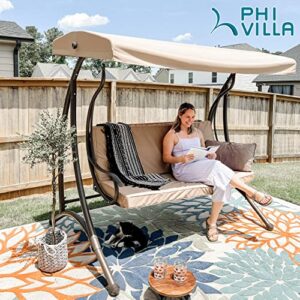 PHI VILLA 3-Seat Porch Swing with Canopy,Outdoor Swing with Removable Cushion,Patio Swing Chair/Bench for Porch, Garden, Poolside, Balcony, Backyard,Alloy Steel Frame,Brown