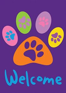 toland home garden 112669 welcome paws- purple paw print flag 12×18 inch double sided paw print garden flag for outdoor house cat dog flag yard decoration