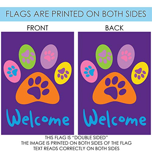 Toland Home Garden 112669 Welcome Paws- Purple Paw Print Flag 12x18 Inch Double Sided Paw Print Garden Flag for Outdoor House Cat Dog Flag Yard Decoration