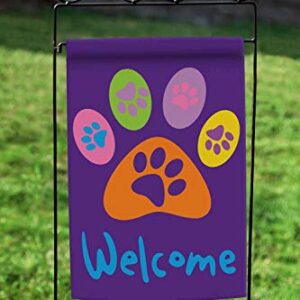 Toland Home Garden 112669 Welcome Paws- Purple Paw Print Flag 12x18 Inch Double Sided Paw Print Garden Flag for Outdoor House Cat Dog Flag Yard Decoration