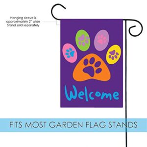 Toland Home Garden 112669 Welcome Paws- Purple Paw Print Flag 12x18 Inch Double Sided Paw Print Garden Flag for Outdoor House Cat Dog Flag Yard Decoration