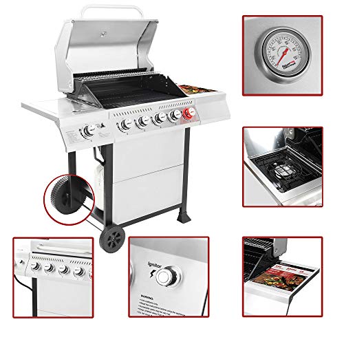 Royal Gourmet GA5401T 5-Burner BBQ Liquid Propane Gas Grill with Sear Burner and Side Burner, Stainless Steel 64,000 BTU Patio Garden Picnic Backyard Barbecue Grill, Silver