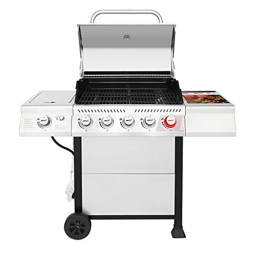 Royal Gourmet GA5401T 5-Burner BBQ Liquid Propane Gas Grill with Sear Burner and Side Burner, Stainless Steel 64,000 BTU Patio Garden Picnic Backyard Barbecue Grill, Silver