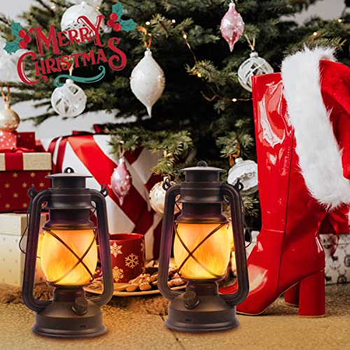 Vintage Lantern LED Battery Powered Camping Lamp Outdoor Hanging Lantern Flickering Flame Rechargeable Retro Lanterns Remote Control 4 Modes Light Non-Solar 2 Pack