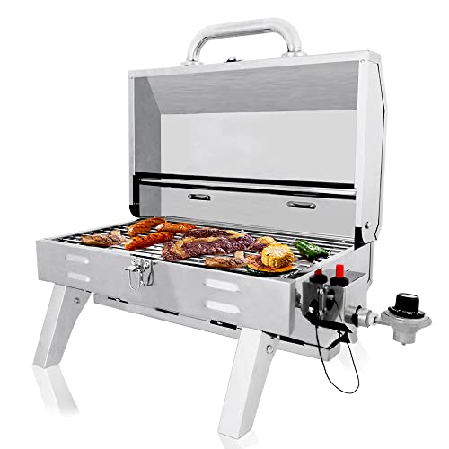 Supllueer Tabletop Propane Grill, Stainless Steel Professional Gas Grill 20,000 BTU BBQ Tabletop Gas Grill for Outdoor Cooking Patio Garden BBQ Picnic