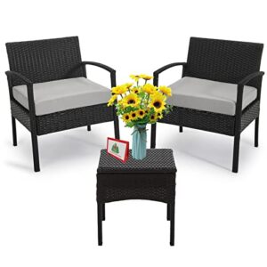 3 piece patio set balcony furniture outdoor wicker chair patio chairs for patio, porch, backyard, balcony, poolside and garden with coffe table and cushions gray