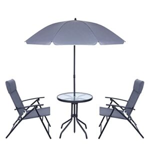 joytio 4 piece patio dining set, outdoor garden furniture bistro set with tilted removable umbrella, 2 folding chairs, and round glass table (grey)