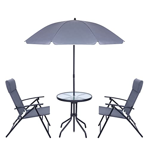 JOYTIO 4 Piece Patio Dining Set, Outdoor Garden Furniture Bistro Set with Tilted Removable Umbrella, 2 Folding Chairs, and Round Glass Table (Grey)