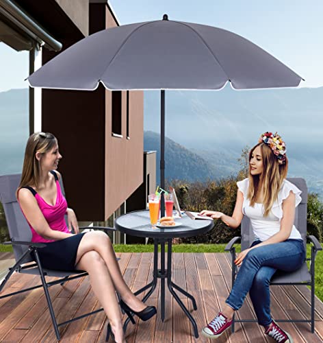 JOYTIO 4 Piece Patio Dining Set, Outdoor Garden Furniture Bistro Set with Tilted Removable Umbrella, 2 Folding Chairs, and Round Glass Table (Grey)