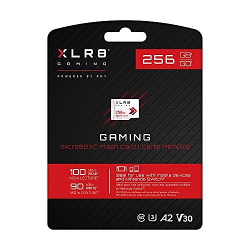 PNY XLR8 256GB Gaming Class 10 U3 V30 microSDXC Flash Memory Card - 100MB/s, Class 10, U3, V30, A2, 4K UHD, Full HD, UHS-I, Micro SD