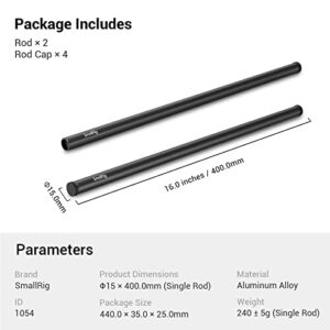 SmallRig 16 Inches (40 cm) Black Aluminum Alloy 15mm Rod with M12 Female Thread, Pack of 2 - 1054